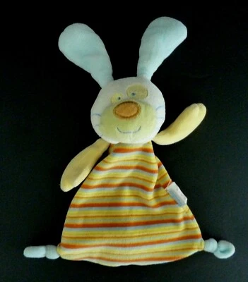 L7. DOUDOU PLAT BELLODOUX LAPIN BLEU JAUNE BLANC VERT RAYE Lire SVP BON ETAT - Photo 1/3