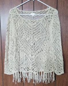 Boho Häkel Fransen Pullover Hippie Retro Festival Top Gr. XL Creme Free Spirit - Bild 1 von 12