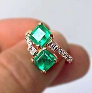 Cushion Emerald Simulated Diamond Open Journey Art Ring 14k Rose Gold 925 Silver
