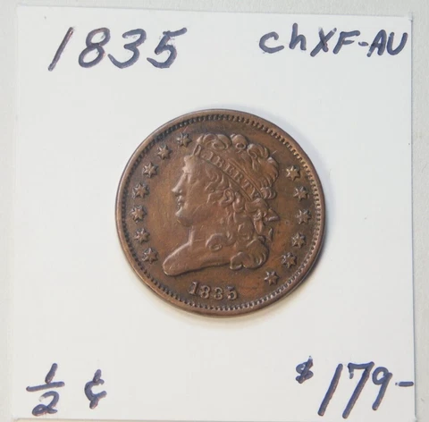1835 CH XF - AU !!!!!!!!!!!!!!!!!!!!!!!!!!!!! EARLY HALF CENT EARLY BOLD STRIKE! Cover