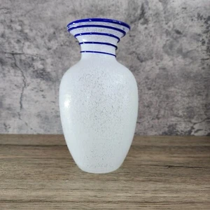 White Confetti 7" Glass Vase with Blue Glass Swirl Vintage Home Decor - Picture 1 of 11