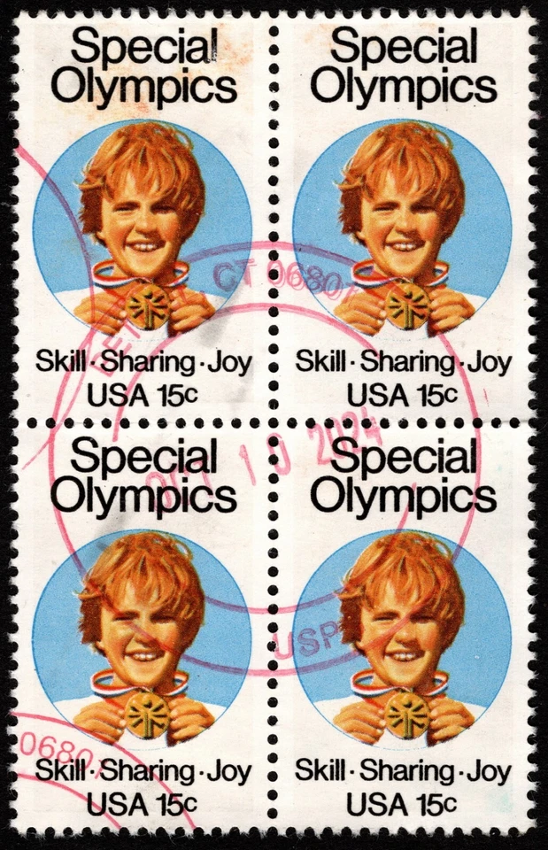US Stamp Scott # 1788 Postally Used Block of 4 - 15 Cents Special Olympics Issue - Image 1 of 1
