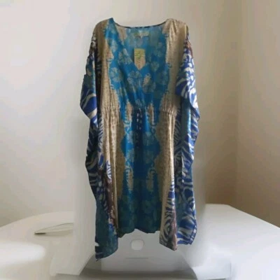 Bamboo Threads Beach Swim Cover Up Women's Small/Medium Blue Tan Gold Multi - Image 1 of 4