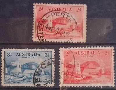 AUSTRALIA 1932 SC# 130 -131 #133 SYDNEY HARBOUR BRIDGE STAMPS 3V USED AU1932 - Image 1 of 2