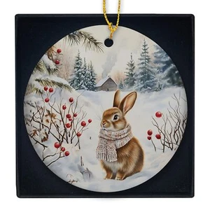 Winter Ornament - Winter Snowy Bunny Ceramic Ornament Keepsake, Retro Xmas Fo... - Picture 1 of 6