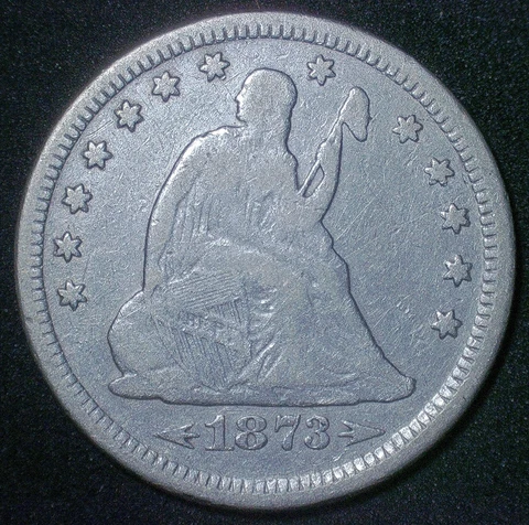 1873 P Seated Liberty Quarter Fine F Details US Silver Coin 25c Cover