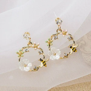 Pretty Gold Enamel Bee & Flower Crystal Round Stud Wreath Dangle Drop Earrings - Picture 1 of 6