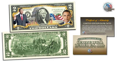 *BARACK OBAMA *COLORIZED 2 DOLLAR  BILL, LEGAL USA NOTE*$ 2 -WITH CERTIFICATE, - Image 1 of 2