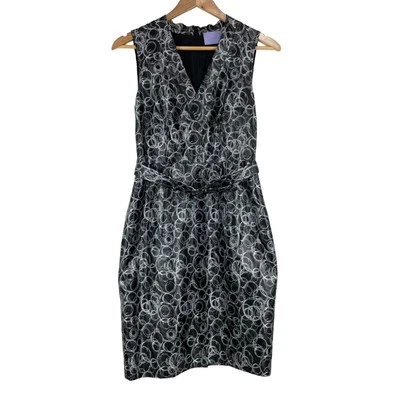 Vestido justo Vera Wang etiqueta lavanda com cinto círculo bolha gola V tamanho 4 preto - Imagem 1 de 4