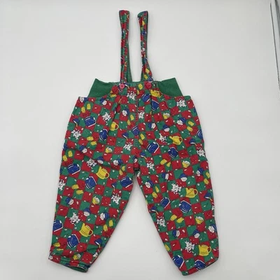 VTG Jean Bourget Baby 90s Plaid Overalls kitty Cat Breakfast Novelty Lined 18mos - Изображение 1 из 4