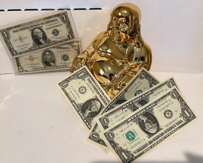 Mixed US Silver Certificates & $1 Star * Notes w/ Golden Budda Coin Bank - Image 1 of 4