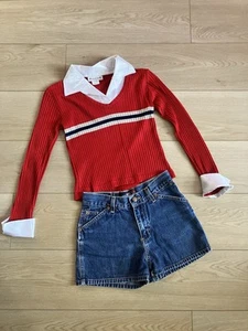 Vtg Y2K Periscope Blouse Girls Sz 10/12 Red khaki Navy striped Long Sleeve - Picture 1 of 6