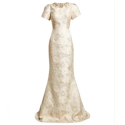 Nuevo con etiquetas Vestido Trompeta Teri Jon Rickie Freeman Jacquard Cuentas Doradas Talla 2 Foto 1 de 4