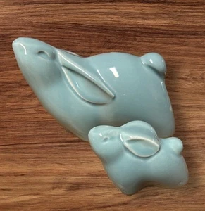 SET OF 2 BLUE JAPANESE PORCELAIN BUNNY RABBITS MAKERS MARK - Picture 1 of 5