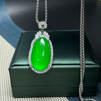 ​Certified Natural Icy Green Jadeite Pendant w/ CZ Lucky Amulet Necklace Gift​ - Image 1 of 4