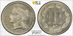 1887/6-P STRONG OVERDATE Three Cent Nickel 3CN PCGS PROOF PR 64 1887 Over 6 RARE - Picture 1 of 5