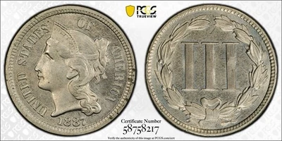 1887/6-P STRONG OVERDATE Three Cent Nickel 3CN PCGS PROOF PR 64 1887 Over 6 RARE - Image 1 of 4
