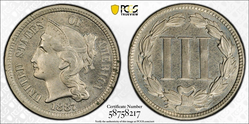 1887/6-P STRONG OVERDATE Three Cent Nickel 3CN PCGS PROOF PR 64 1887 Over 6 RARE - Image 1 of 4