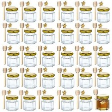 1.5 oz Hexagon Mini Glass Honey Jars -30Pack Honey Jars with Wood Dipper, Gold L