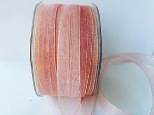 5/8" SHEER/GOLD METALLIC EDGE Ribbon - May Arts - Pink - GE19 - 100 yds - Picture 1 of 1