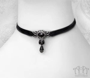 Gothic BLACK CRYSTAL VELVET CHOKER Ribbon Necklace Victorian Beaded Filigree - Picture 1 of 4
