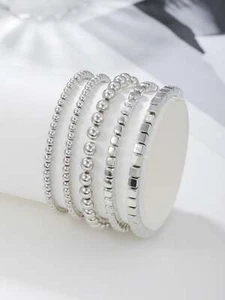5pcs/set Silver Color Round and Square Beaded Bracelet Women Bracelet Stackable - Picture 1 of 6