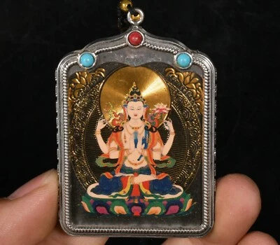 3''Тибет Серебряная Бирюза 4 руки Ченрезиг Авалокитешвара Будда Танка Тхангка - Изображение 1 из 4