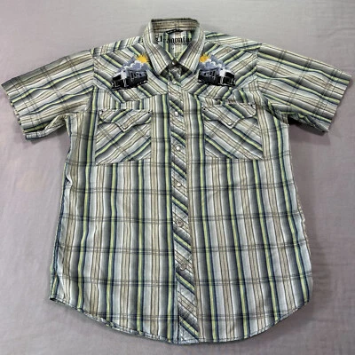Dragonfly Airstream Trailer Shirt Mens Medium Plaid Pearl Snap Camping RV Camper - Image 1 of 4
