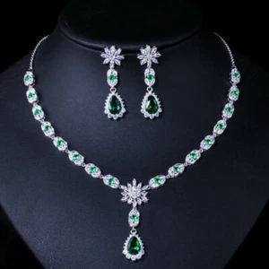 Wedding Gorgeous 2pcs Natural Quartz White Topaz Gems Silver Necklace Earrings - Picture 1 of 5