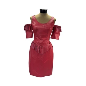 Ruth Wagner Western Leder Fransen Kleid Gr. 8 rot Schlitz hinten Vintage - Bild 1 von 10