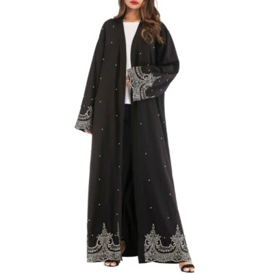 Women Beading Open Abaya Kimono Cardigan Dubai Turkey Kaftan Robe Muslim Maxi - Image 1 of 4