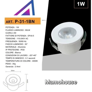 FARETTO LED 1W A INCASSO MINI PUNTO LUCE NATURALE  BORDO BIANCO - Foto 1 di 1