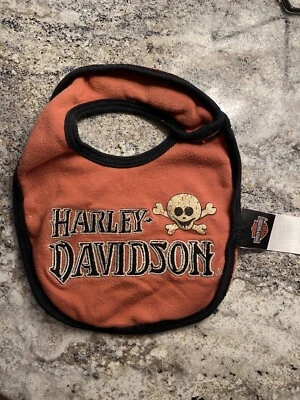 Harley Davidson HD Motocicleta Bebé Babero Calavera 0-3 meses Genuino Gancho Lazo Naranja Usado en Excelente Condición Foto 1 de 4