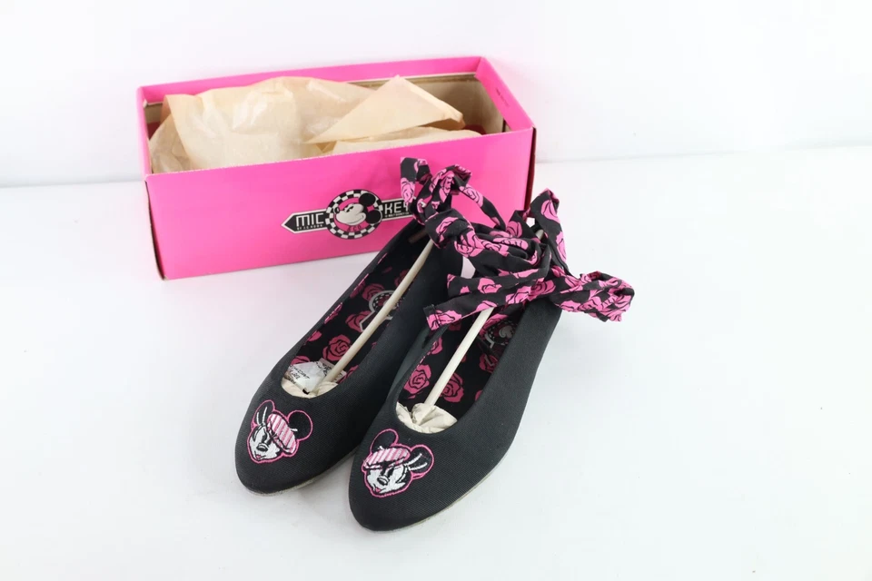 Nuevo de Lote Antiguo Años 90 Disney Mujeres 7 Tobillo Envoltura Mickey Mouse Ballet Zapatos Planos Negros Foto 1 de 4