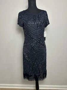 $395 NWT Aidan Mattox Beaded Fringe Trim Cocktail Dress in Navy Women’s Size 12 - Picture 1 of 19