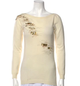 Auth BLUMARINE Ivory BATEAU Neckline SWEATER Top with CRYSTAL Embellishment - Picture 1 of 3