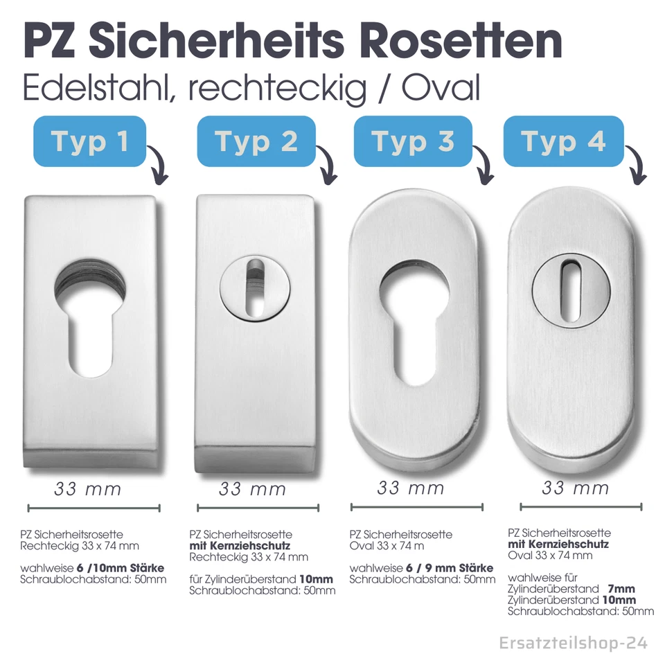 PZ Rosetten Edelstahl eckig oval, Schutzrosetten m. Kernziehschutz für Haustüren - Bild 1 von 1