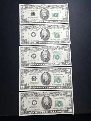 1977 $20 dollar bill notes 4 consecutive number +1 Maybe uncirculated! Very Rare - Image 1 of 2