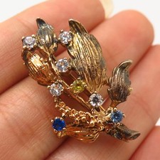 C Z Floral Design Pin Brooch Vtg 925 Sterling Silver Gold Plated Multicolor