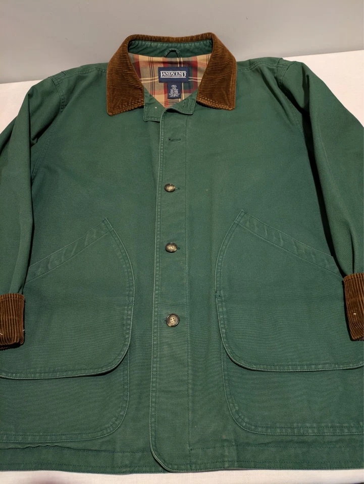 Lands End Green Barn Coat Mens XL Plaid Lined Corduroy Collar Canvas Chore. EUC. - Image 1 of 4