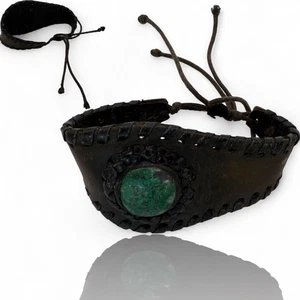 A hand made artisan bohemian thick cuff leather bracelet with green turquoise  - Picture 1 of 3