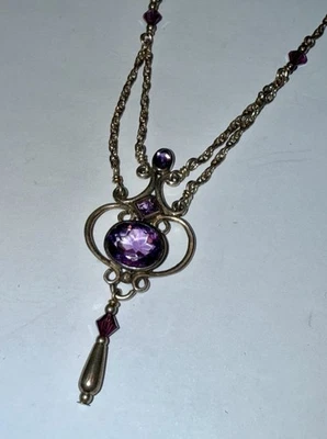 "Collar Art Deco vintage de plata esterlina maciza amatista natural 16""" Foto 1 de 4