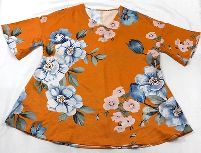 top mujer talla 2XL naranja floral manga corta cuello en V poliéster ligero Foto 1 de 4