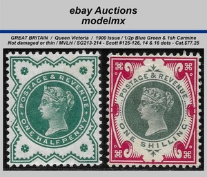 Great Britain - 1900, 1/2p green & 1sh Car , SG213-214, Sc25-26, MLH, Cat.$77.25 - Picture 1 of 2