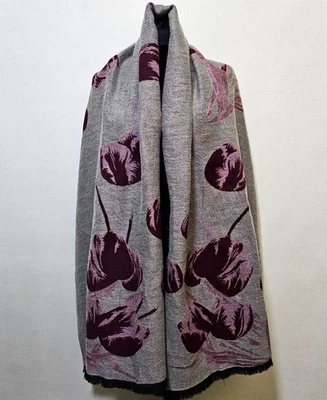 PSL Style Cashmere Scarf Shawl Wrap Gray Maroon Reversible Floral Pattern - Image 1 of 4