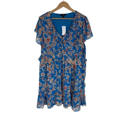 NWT Jessica Simpson Blue Floral Babydoll Ruffle VNeck Short Sleeve Dress 3X - Image 1 of 4