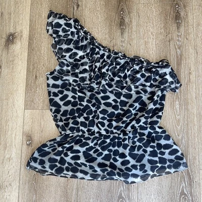 Kenar One Shoulder Black Silk Ruffle Blouse Sz L Animal Print Lined Exotic Flare - Image 1 of 4