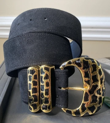 St John Belt Italy Gold Plt Buckle Y2K Vintage Genuine Black Suede 2"Wide Size S - Image 1 of 4