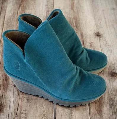Fly London Yip Boots Size 6.5/7 EU37 Ruched Leather Wedge Ankle Booties Zip Blue - Image 1 of 4