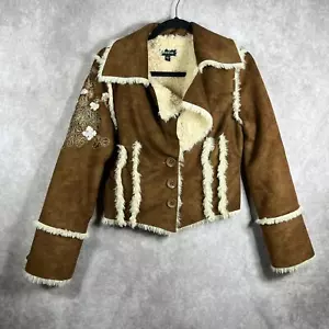 Vintage Bebe Jacket S Brown Faux Suede Cropped Faux Fur Lining Embroidery Y2K - Picture 1 of 11